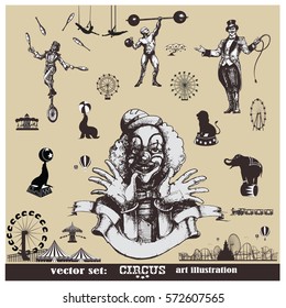  Circus and amusement vector illustrations set . Vintage style drawing