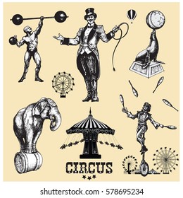 Circus and amusement vector illustrations set . Vintage style drawing