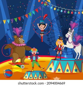 Circus animal and clown performance illustration