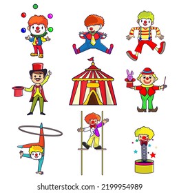 Circus animal elements set: Circus clowns. Cartoon clown juggling, funny clowns nose costume with balloon, laughing clowns face. Vector illustration isolated icons set