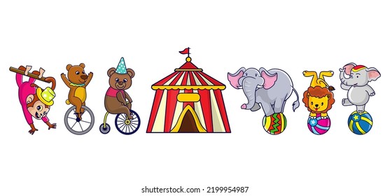 Circus animal elements set: tent, monkey hanging, bear on unicycle, elephants on a ball, lion on a ball