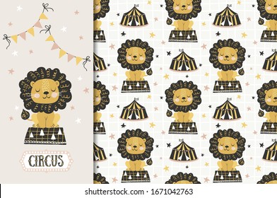 
Circus animal, lion illustration and seamless pattern. Jungle animal character. Textile surface design