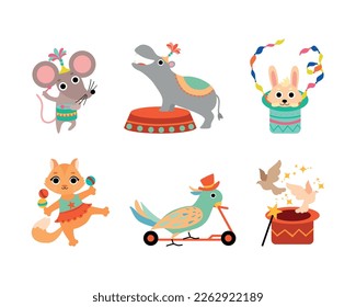 Circus Animal Performing Trick Riding Scooter, Juggling Balls and Playing Drum Vector Set