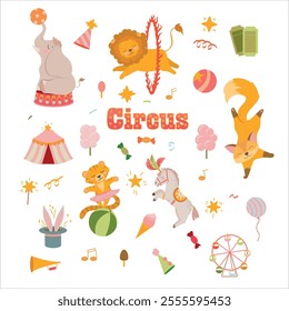 Circus. Circus animals actors. Mobile Fair. Holiday. Performance. Tricks. Attributes of a circus show. Decorations for the holiday. Vector illustration