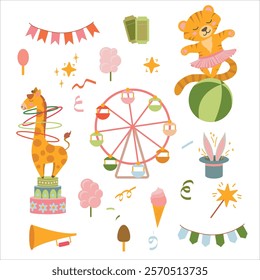 Circus. Circus animals actors. Mobile Fair. Holiday. Performance. Tricks. Attributes of a circus show. Decorations for the holiday. Vector illustration