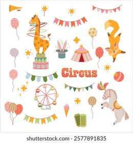 Circus. Circus animals actors. Mobile Fair. Holiday. Performance. Tricks. Attributes of a circus show. Decorations for the holiday. Vector illustration