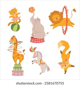 Circus. Circus animals actors. Mobile Fair. Holiday. Performance. Tricks. Attributes of a circus show. Decorations for the holiday. Vector illustration