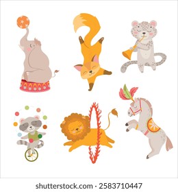 Circus. Circus animals actors. Mobile Fair. Holiday. Performance. Tricks. Attributes of a circus show. Decorations for the holiday. Vector illustration