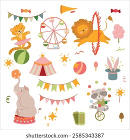 Circus. Circus animals actors. Mobile Fair. Holiday. Performance. Tricks. Attributes of a circus show. Decorations for the holiday. Vector illustration