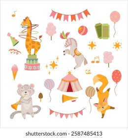 Circus. Circus animals actors. Mobile Fair. Holiday. Performance. Tricks. Attributes of a circus show. Decorations for the holiday. Vector illustration