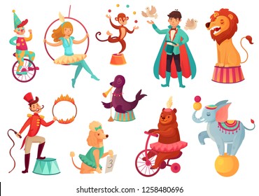 Circus animals. Animal acrobatic tricks, circus family acrobat entertainment. Animals lion, dog and elephant performance with circus magician. Cartoon vector isolated illustration icons set