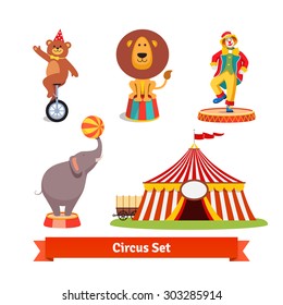 Circus animals, bear on monocycle in party hat, lion, elephant holding ball on a trunk,    clown and tent with wagon. Flat style vector illustration isolated on white background.