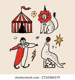 Circus animals and Circus animals and characters set clipart, cute animals, carnival vintage tent with a red flag. Vector illustration retro performing high in the air, decorated platform. Funny