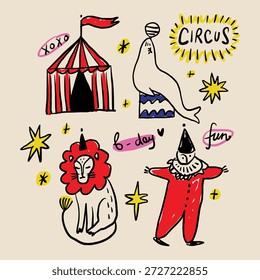 Animales de circo y animales de circo y personajes ponen Clipart, animales lindos, carpa de la vendimia del carnaval con una bandera roja. Ilustración vectorial retro de alto rendimiento en el aire, plataforma decorada. Gracioso