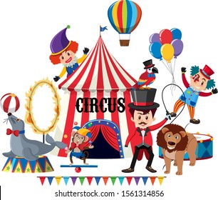 Circus animals and clowns illustration