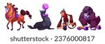 Circus animals during performance. Cartoon vector happy smiling characters of horse with drcorated tail and mane, harbor seal holds ball on its nose, monkey balances on unicycle, gorilla skateboarding
