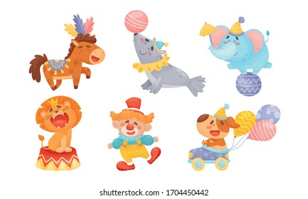 Circus Animals with Elephant Balancing on the Ball and Clown Dancing Vector Set