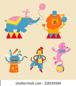 Circus Animals, elephant with balloon, lion with blue ball, rabbit with magic wound, musician monkey, dog. Vector illustration.