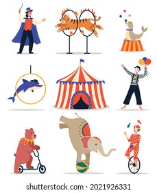 Animales de circo. Animales divertidos entrenados. Mostrar elementos de los aros, bolas y bolas, carpa de circo, oso de dibujos animados, elefante y delfín. Mímica mago mago y payaso en trajes, conjunto aislado vector