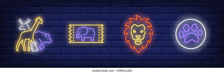 Circus with animals neon sign set. Ticket, lion, bear, elephant. Vector illustration in neon style, bright banner for topics like performance, entertainment, zoo