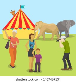 Circus animals and people taking pictures vector illustration. Cartoon people and animals in front of retro circus. Elephants and amusement near circus chapiteau tent.