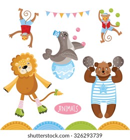 Circus animals perform tricks isolated on white background. Funny circus animal vector characters.