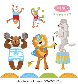 Circus animals perform tricks isolated on white background. Funny circus animal vector characters.