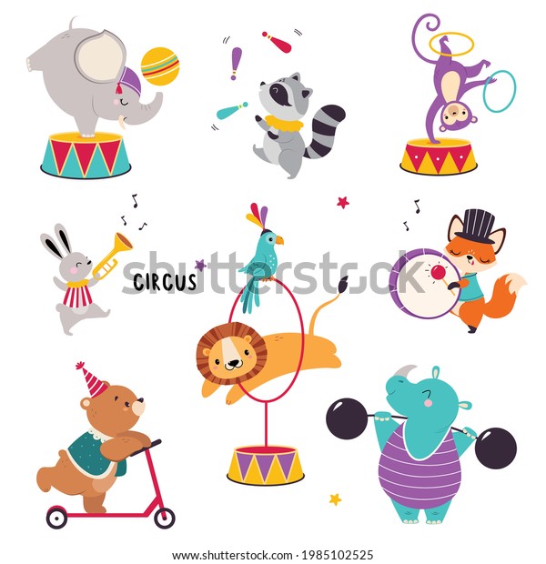 Circus Animals\
Performing Tricks with Raccoon Juggling and Monkey Somersaulting\
with Hula Hoop Vector\
Set