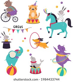 Circus Animals Performing Tricks with Sea Calf Juggling Balls and Hippo with Hula Hoop Vector Set