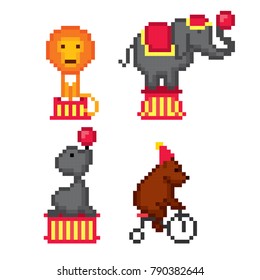 Circus animals. Pixel art. Old school computer graphic style. 8 bit video game. game element.