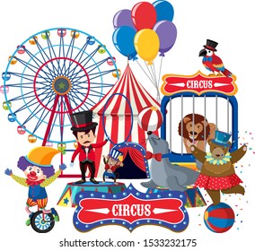 Circus animals and ring master illustration