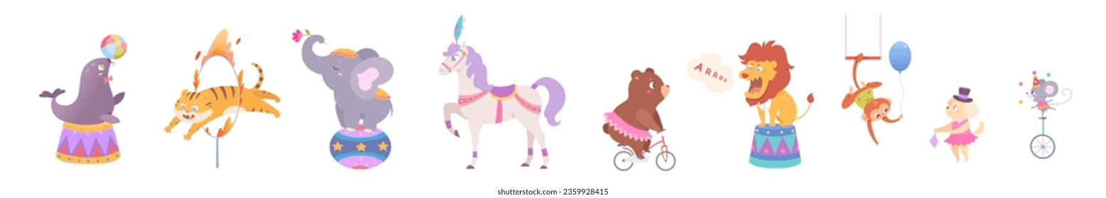 Animales de circo muestran la ilustración vectorial. Caricatura aislada linda colección de artistas de carnaval con elefantes graciosos sobre el balón y adorable acróbata de mono, ciclista de oso, tigre de salto y león