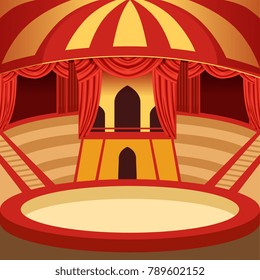 Circus arena cartoon design. Classic stage with yellow and red striped dome, sits and curtains. Background for poster or invitation. Vector