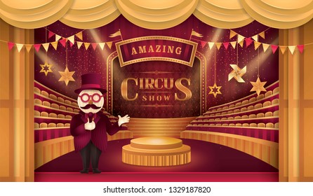 Circus arena and chairs, Premium Gold Curtains Stage, Circus Barker costume with Hat, triangle bunting flags, Fun Fair, Day Scene festival, Theme Theater, Paper art vector and illustration