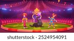 Circus arena with clowns and harbor seal with ball entertainment. Artist with trained animal on round scene with empty seats under classic cirque carnival red tent. Cartoon vector performance on stage