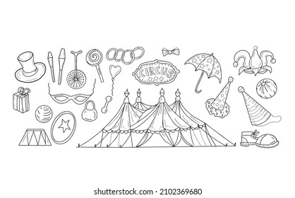 Circus arena doodle sketch graphic elements hand drawn clown hat, dumbbells marquee bike boots coloring book for children