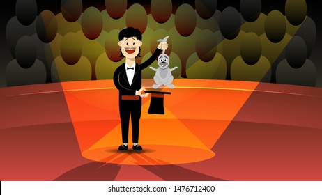 in the circus arena, in the light of the spotlights, a smiling mustachioed magician in a black tuxedo takes out a gray rabbit from his hat. art wallpaper with flat design character. vector image
