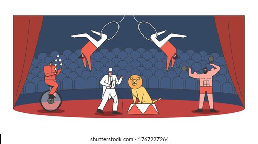 Arena de circo y espectáculos. Contrabando, domesticando a león, hombre fuerte y espectáculo de acróbata. Personajes de caricatura que realizan trucos para la actuación del circo. Ilustración vectorial de diseño plano