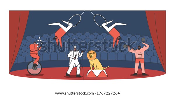 Circus arena and performers show. Juggler,\
tamer with lion, strongman and acrobat making show. Cartoon\
characters performing tricks for circus performance. Flat design\
vector illustration