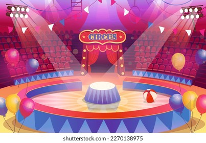 Circus arena with a round stage for the show. Empty stage interior with seats, flags, spotlights and balloons. Cartoon vector illustration