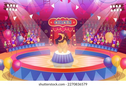 Arena de circo con escenario redondo para el espectáculo. Mucha gente ve la actuación en el circo. Arena con espectadores. Interior con asientos, banderas, focos y globos. León con boca abierta en el escenario.