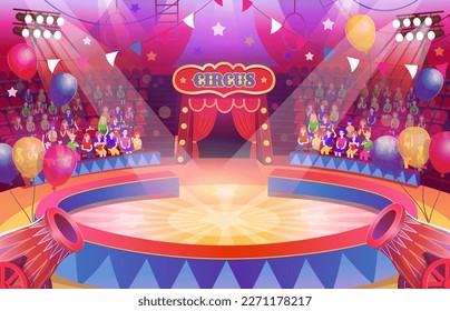 Circus arena with a round stage for the show. Many people watch the performance in the circus. Arena with spectators. Interior with seats, flags, spotlights and balloons, circus cannon.