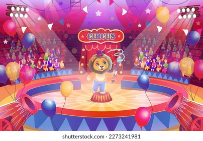  Circus arena with a round stage for the show. Many people watch the performance in the circus. Arena with spectators. Interior with seats, flags, spotlights and balloons.Cartoon Lion on stage.