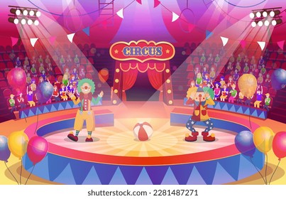 Circus arena with a round stage for the show and two clowns on stage . Interior with seats, flags, spotlights and balloons. Cartoon vector illustration