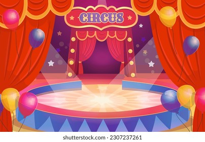 Circus arena with a round stage for the show.  Arena with a curtain. Interior with  balloons.