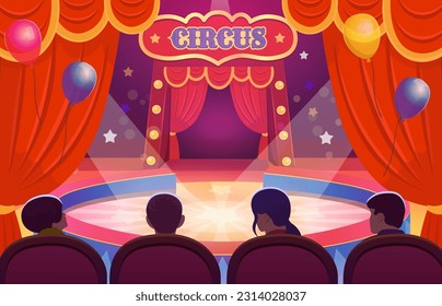 Circus arena with a round stage for the show with a red open curtain and red seats with people.  Arena with a curtain. Interior with  balloons.