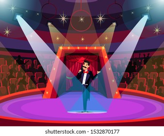 Circus arena, show flat vector illustration. Happy showman in tailcoat, announcer on stage cartoon character. Cheerful man with microphone announcing performance. Family entertainment, amusement