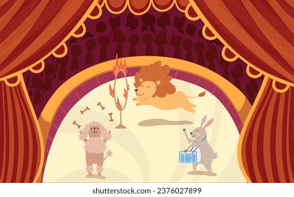 Arena de circo con rendimiento animal entrenado, ilustración de vector plana de dibujos animados. El circo representa el fondo de un cartel o de un afiche con personajes animales.