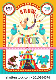 Circus artist. Animals. Poster of a circus show. Circus trained elephant and a bear on a Bicycle, I invite you to the circus. In the program, performing poodles and aerial acrobat.
