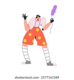 Circus artist with balloon. Playful funny jester, street mime performer. Joker, harlequin, clown character in carnival costume, performing comedy. Flat vector illustration isolated on white background